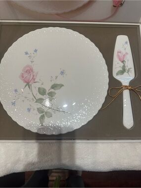 Mikasa White Dinner Plate and Server with Pink Rose and Green Leaves